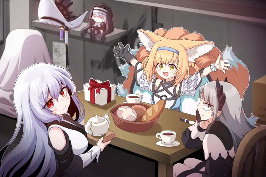 3girls animal_ears arknights black_gloves blonde_hair blue_hairband blush bread character_doll closed_mouth commentary_request cup doll food fox_ears fox_girl fox_tail gloves green_eyes grey_hair hairband highres irene_(arknights) kitsune korean_commentary kyuubi multiple_girls multiple_tails open_mouth red_eyes riffle_hunter second-party_source smile specter_(arknights) specter_the_unchained_(arknights) suzuran_(arknights) tail