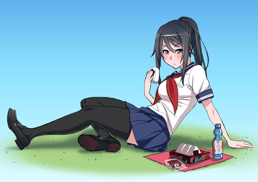 1girl ayano_aishi black_hair blood blood_stain doraemon_(character) dorayaki eating food grass grey_eyes kjech lunchbox napkin bento onigiri ponytail school_uniform shoes soda_bottle thighhighs wagashi yandere_simulator