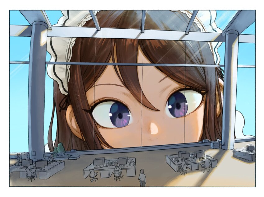 1girl 6+others brown_hair chair commentary dattosan desk english_commentary giant giantess highres light_rays maid maid_headdress monitor multiple_others office office_chair original pillar purple_eyes shade sitting size_difference standing sunbeam sunlight swivel_chair window