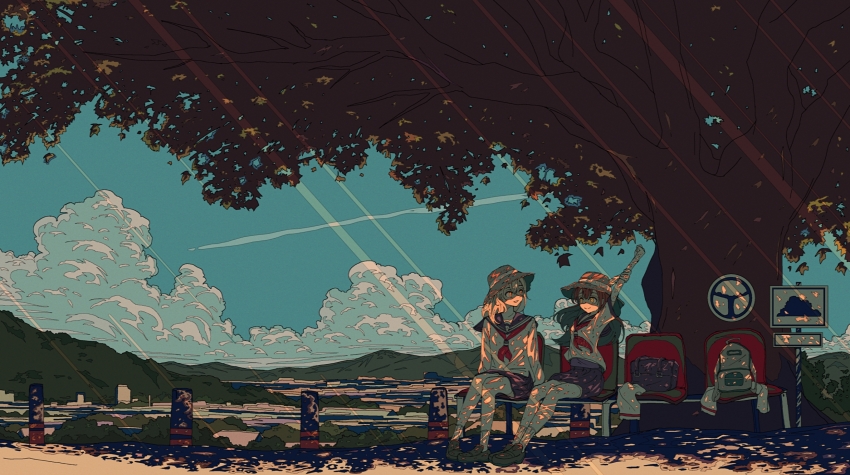 2girls arm_up arms_at_sides artdroiiid_ii backpack bag blonde_hair blue_sky bright_pupils brown_hair brown_hat brown_shoes bush chair closed_mouth cloud commentary dappled_sunlight day english_commentary eye_contact grey_bag grey_sailor_collar grey_skirt hat highres hill holding_own_arm lake light_rays loafers long_sleeves looking_at_another mountainous_horizon multiple_girls neckerchief on_chair original outdoors oversized_plant parted_lips pleated_skirt red_neckerchief sailor_collar scenery school_bag school_uniform serafuku shade shadow shirt shoes short_sleeves sign sitting skirt sky smile split_mouth stretching sunbeam sunlight sweater thighhighs tree unworn_sweater white_bag white_pupils white_shirt white_thighhighs wide_shot yellow_eyes