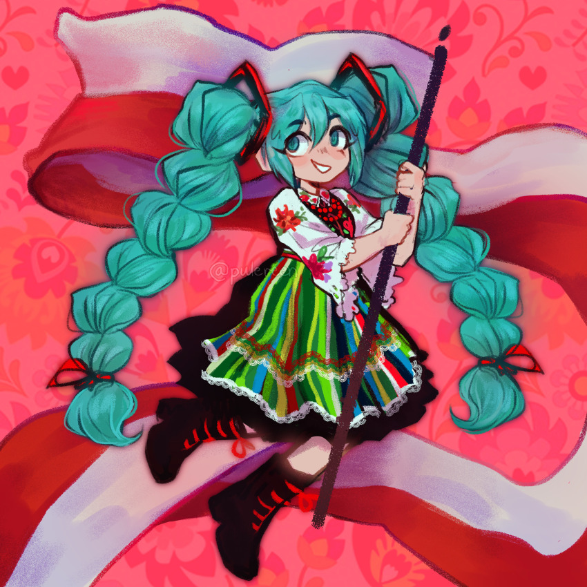 1girl apron aqua_eyes aqua_hair bead_necklace beads black_boots black_skirt boots braid collared_shirt flag floral_print hatsune_miku high_braid high_twin_braids highres holding holding_flag jewelry long_hair necklace polish_clothes polish_flag pulereen shirt skirt smile solo striped_apron striped_clothes tumblr_username twin_braids vertical-striped_apron vertical-striped_clothes very_long_hair vocaloid