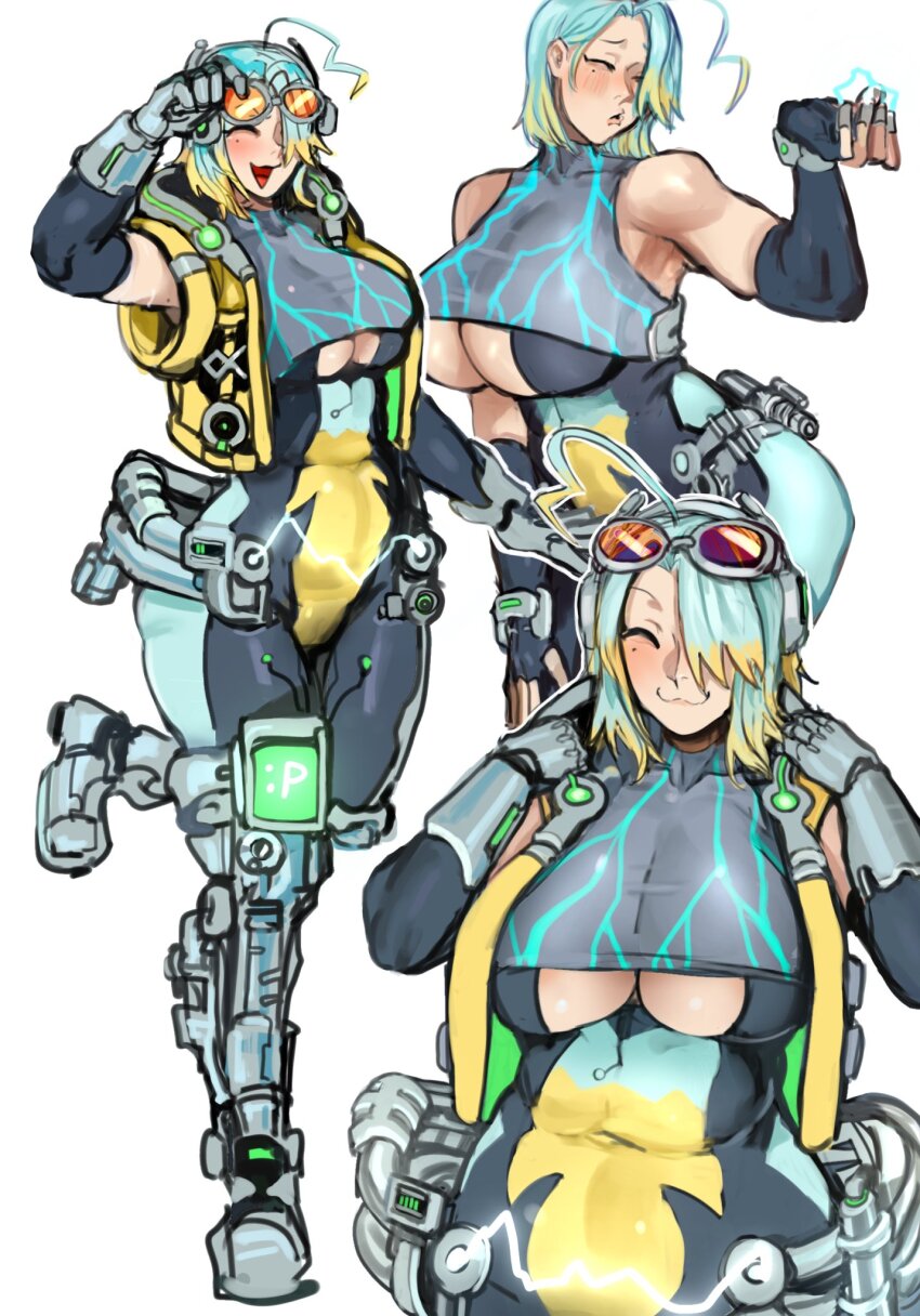 1girl bare_shoulders blush boots breasts clothing_cutout covered_navel electricity goggles goggles_on_head highres large_breasts looking_at_viewer mole mole_under_eye multicolored_hair original plump pointing pointing_at_self sfour_s4 short_hair simple_background smile solo streaked_hair tagme thigh_boots underboob underboob_cutout white_background white_hair wide_hips