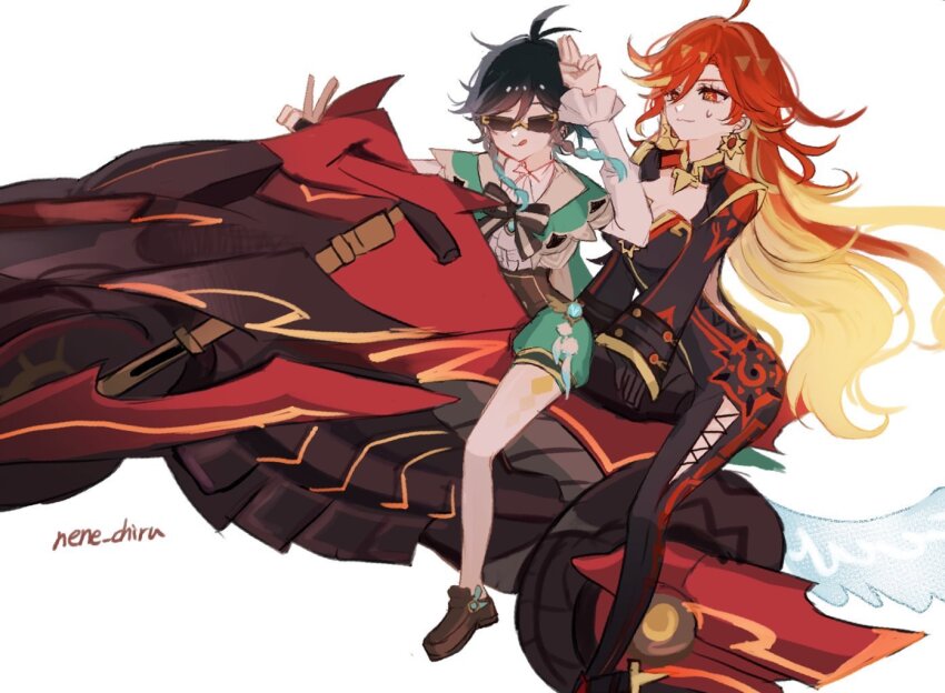 1boy 1girl aqua_hair artist_name biker_clothes black_bodysuit black_hair blonde_hair bodysuit capelet earrings flamestrider_(genshin_impact) genshin_impact green_capelet green_shorts jewelry mavuika_(genshin_impact) motor_vehicle motorcycle multicolored_hair nene_chiru pantyhose red_eyes red_hair shirt short_hair shorts signature sunglasses venti_(genshin_impact) white_background white_pantyhose white_shirt