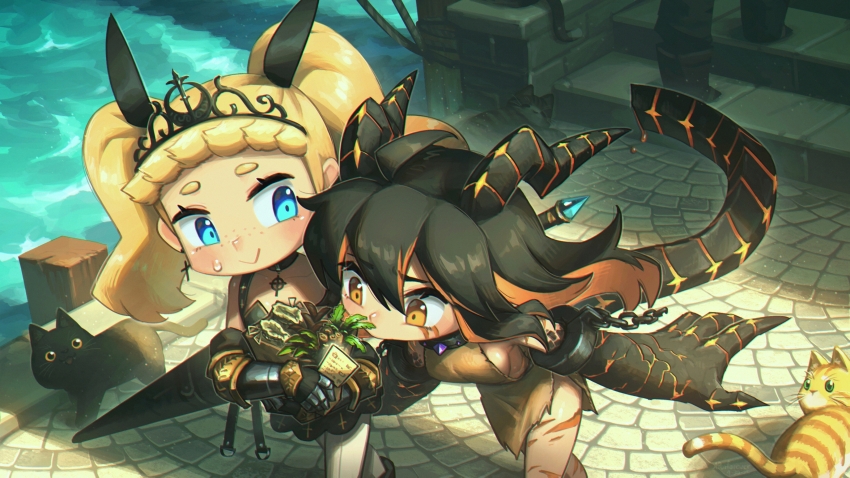 2girls :&gt; absurdres animal_hands armor black_hair black_ribbon blonde_hair blue_eyes breasts brick_road cat celtic_cross chain commentary cressey_(porforever) cross cross_earrings cuffs day dragon dragon_girl earrings english_commentary gauntlets hair_between_eyes hair_ribbon highres horns jewelry lance long_hair medium_breasts monster_girl multicolored_hair multiple_girls orange_eyes orange_hair original outdoors polearm porforever rags ribbon scales scar shackles smile thick_eyebrows tiara two-tone_hair water weapon