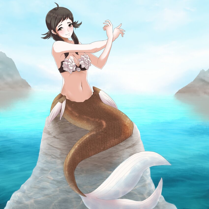 1girl absurdres bikini bikini_top_only brown_bikini brown_eyes brown_hair commission fire_emblem fire_emblem_fates freckles highres mermaid monster_girl mozu_(fire_emblem) nintendo ocean on_rock rock seityr sitting solo swimsuit