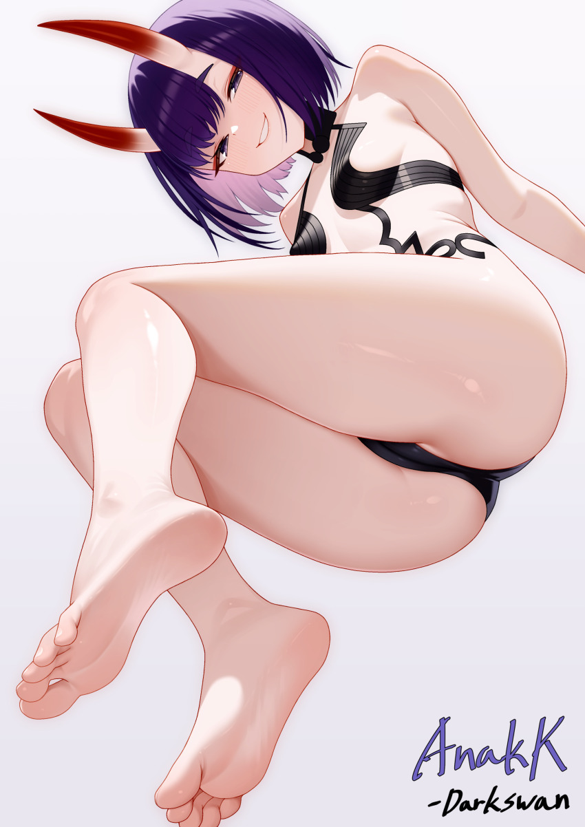 1girl absurdres artist_name ass barefoot breasts cameltoe darkswan demon_horns fate/grand_order fate_(series) feet from_below grin hands_out_of_frame highres horns legs looking_at_viewer oni purple_eyes purple_hair revealing_clothes short_hair shuten_douji_(fate) simple_background skin-covered_horns small_breasts smile soles solo thighs toes tsurime white_background