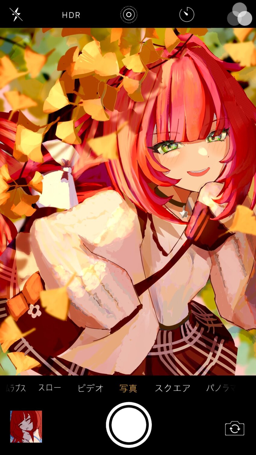 1girl 832cy bag black_choker blurry blurry_background blush bow cardigan choker commentary_request fake_phone_screenshot fake_screenshot green_eyes hair_bow highres long_hair looking_at_viewer open_mouth outdoors pendant_choker pink_cardigan plaid_clothes plaid_skirt red_hair shoulder_bag skirt sleeves_past_fingers sleeves_past_wrists solo taking_picture twintails ukinami_yuzuha upper_body user_interface white_bow zenless_zone_zero