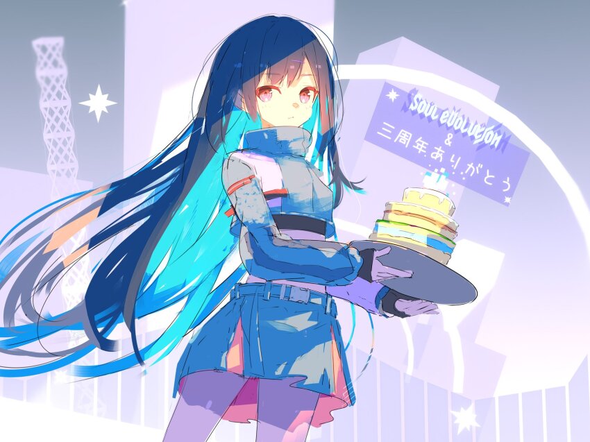 1girl anniversary belt blue_hair blue_jacket blue_skirt cake closed_mouth commentary_request cropped_jacket denonbu food gurumaruhana highres holding holding_plate jacket long_hair long_sleeves miniskirt official_alternate_costume pink_eyes plate shinonome_kazune skirt solo standing very_long_hair