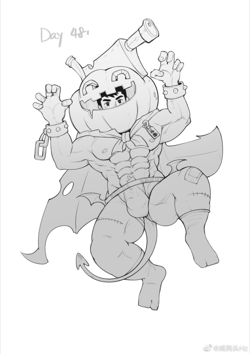 1boy abs bara blush bulge cape claw_pose counting cuffs demon_tail full_body greyscale halloween_costume handcuffs highres jack-o&#039;-lantern jockstrap large_pectorals looking_at_viewer male_focus male_underwear monochrome muscular muscular_male navel navel_hair nipples original pectorals short_hair sideburns socks solo stitches stomach tail thick_eyebrows thick_navel_hair thick_thighs thighs underwear xian_goutou_hz