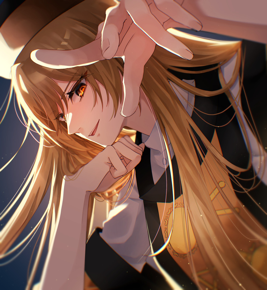 1girl absurdres blonde_hair hand_up highres long_hair looking_at_viewer matara_okina open_mouth orange_eyes orange_tabard smile solo tabard teeth touhou upper_body upper_teeth_only yoshino_(q_sci)