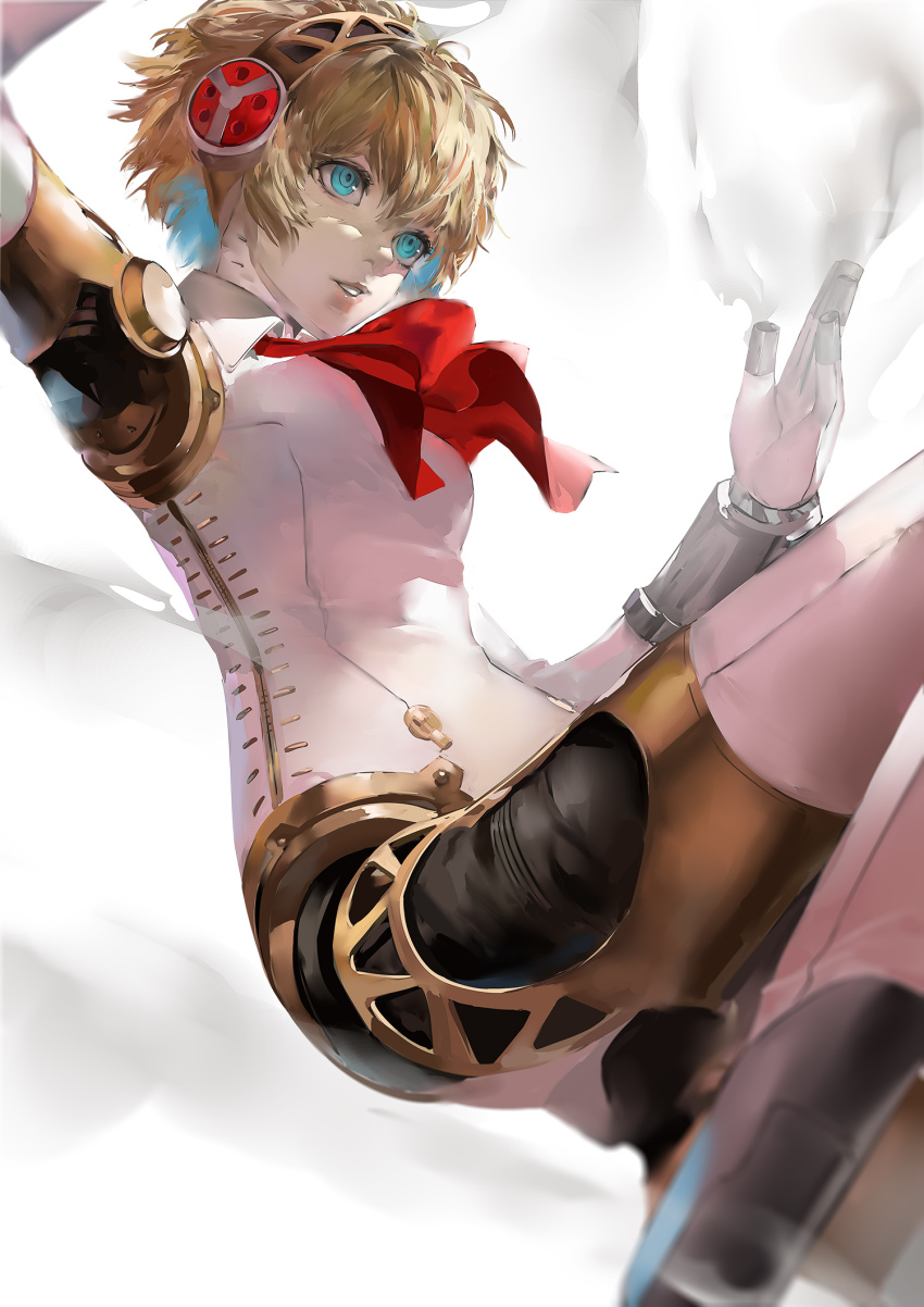 1girl aigis_(persona) android ascot blazpu blonde_hair blue_eyes bow detached_collar expressionless from_side gold_trim hands_up headband headphones highres joints knee_up leg_up looking_afar mechabare mechanical_arms necktie parted_lips persona persona_3 red_ascot red_bow red_necktie robot robot_ears robot_girl robot_joints short_hair simple_background smoke smoke_trail solo white_background