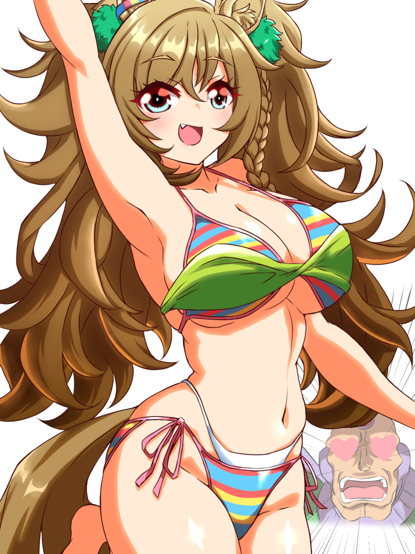 1boy 1girl animal_ears arm_up armpits bikini blast_onepiece_(umamusume) blush braid breasts brown_hair emphasis_lines fluffy_hair groin heart heart-shaped_pupils highres horounendo horse_ears horse_girl horse_tail large_breasts leg_up long_hair looking_at_viewer mega_man_(series) mega_man_x4 mega_man_x_(series) navel open_mouth side_braid sigma_(mega_man) swimsuit symbol-shaped_pupils tail twintails umamusume white_background