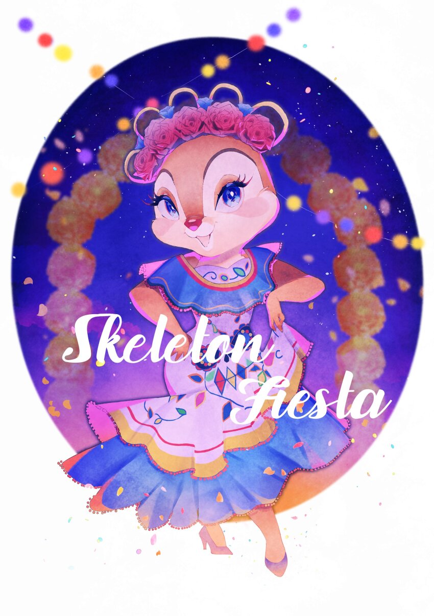 1girl absurdres blue_dress blue_eyes chipmunk_ears chipmunk_girl clarice_(disney) disney disneyland dress english_text eyelashes flower full_body hair_flower hair_ornament highres looking_at_viewer mexican_clothes mexican_dress mickey_mouse_&amp;_friends open_mouth red_flower red_rose rl10_02 rose smile solo