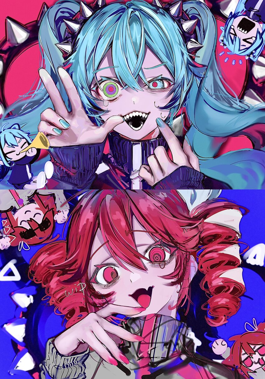 &gt;_&lt; 2girls absurdres bad_id bad_twitter_id blue_background blue_eyes blue_hair blue_jacket blue_nails chibi chibi_inset colorful drill_hair eyewear_on_head finger_to_cheek green_eyes hair_between_eyes half-closed_eye hands_up hatsune_miku heterochromia highres jacket kasane_teto long_hair long_sleeves looking_at_viewer multiple_girls nail_polish nept_o open_mouth pink_background pink_nails pink_pupils red_eyes red_hair simple_background smile sunglasses tears teeth track_jacket twin_drills twintails uneven_eyes upper_body utau vocaloid w