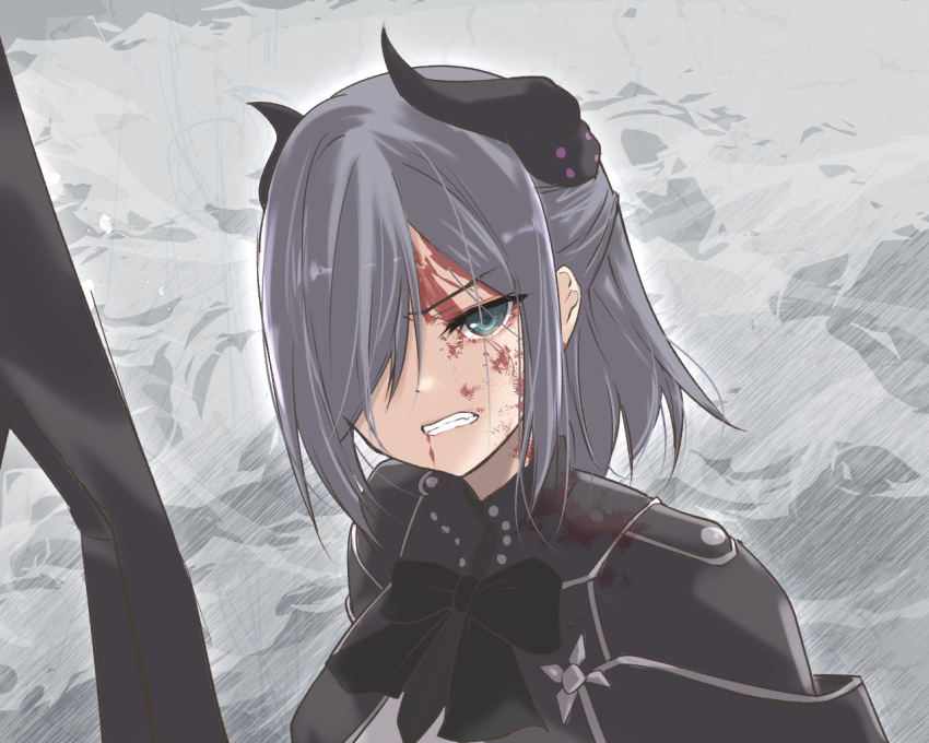 1girl aqua_eyes assault_lily black_bow black_bowtie black_horns black_jacket blood blood_from_mouth blood_on_face bow bowtie clenched_teeth commentary_request furrowed_brow grey_background grey_hair hair_between_eyes hair_over_one_eye half_updo horns jacket looking_at_viewer medium_hair one_eye_covered parted_lips portrait sekino_youko solo teeth urutsu_sahari weapon
