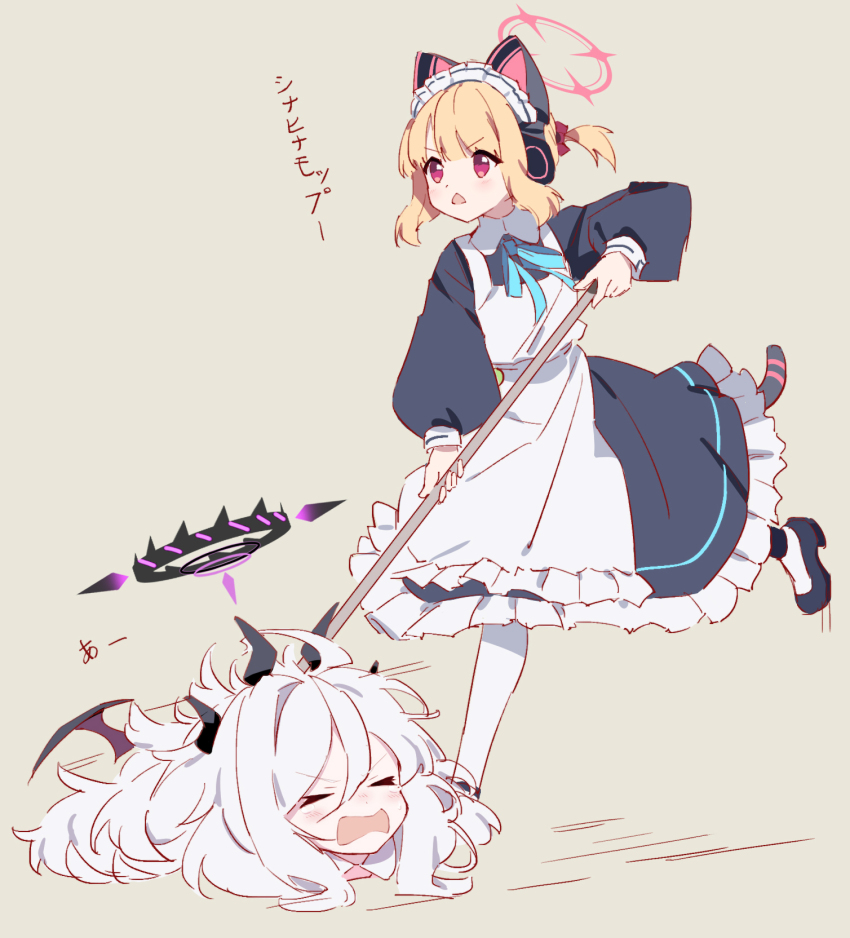 &gt;_&lt; 2girls animal_ear_headphones animal_ears anzi apron bat_wings blonde_hair blue_archive blush cleaning commentary_request demon_horns double-parted_bangs fake_animal_ears fluffy halo headphones high_heels highres hina_(blue_archive) hina_(pajamas)_(blue_archive) horns long_hair long_sleeves maid maid_apron maid_headdress mechanical_halo momoi_(blue_archive) momoi_(maid)_(blue_archive) mop multiple_girls objectification official_alternate_costume puffy_long_sleeves puffy_sleeves short_hair simple_background translation_request triangle_mouth very_long_hair white_hair wings