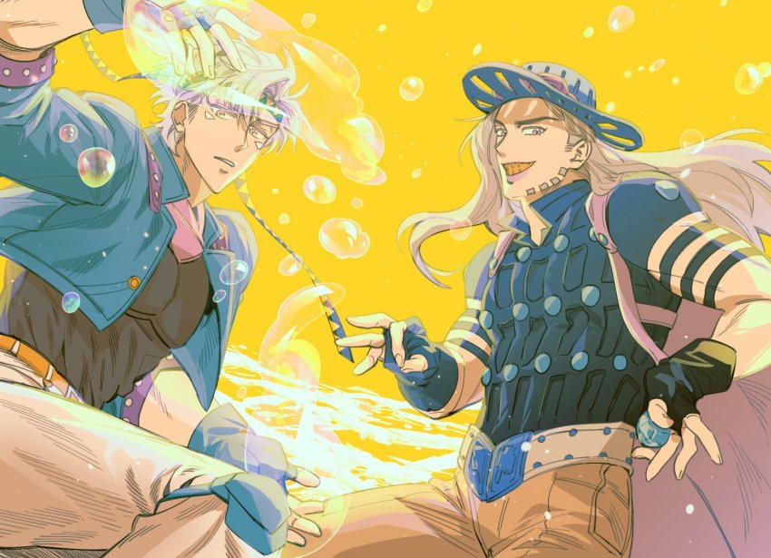 2boys battle_tendency beard blonde_hair blue_jacket bubble caesar_anthonio_zeppeli cape colored_teeth facial_hair facial_mark feather_hair_ornament feathers fingerless_gloves gloves gyro_zeppeli hair_ornament hat headband hydrokinesis jacket jojo_no_kimyou_na_bouken light_brown_hair long_hair male_focus mubebe_0p multiple_boys orange_teeth pink_scarf scarf steel_ball_(jojo) steel_ball_run water white_hair