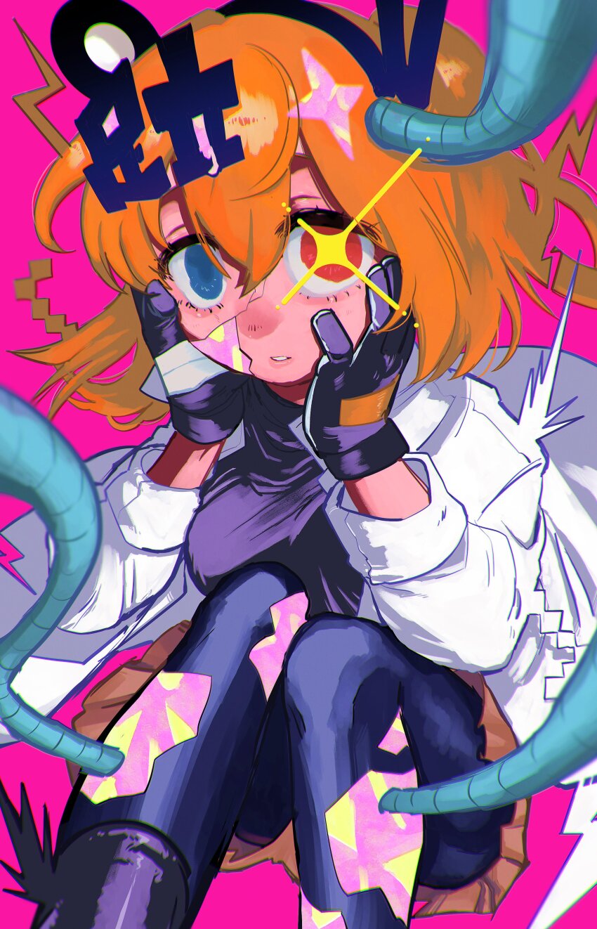 1girl a.i._voice absurdres adachi_rei alternate_eye_color black_gloves black_leggings black_shirt blue_eyes brown_skirt cable character_name chromatic_aberration commentary cracked_skin diffraction_spikes feet_out_of_frame floating_hair gloves goechipi grey_gloves hands_on_own_cheeks hands_on_own_face hands_up headlamp heterochromia highres jacket kanji_hair_ornament knees_up leggings long_sleeves looking_at_viewer medium_hair multicolored_gloves one_side_up open_clothes open_jacket orange_background orange_hair parted_lips pink_background pixels raised_eyebrows red_eyes shirt sitting skirt solo sparkle_hair_ornament utau white_jacket