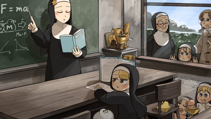 6+girls aged_down bird blonde_hair blue_eyes book brown_coat brown_hair chalkboard chicken closed_eyes clumsy_nun_(diva) coat commentary diva_(hyxpk) duck duckling eating english_commentary food glasses glasses_nun&#039;s_mother_(diva) glasses_nun_(diva) habit highres holding holding_book hungry_nun_(diva) ice_cream little_nuns_(diva) mother_superior_(diva) multiple_girls nun physics round_eyewear spicy_nun_(diva) star_nun_(diva) star_ornament traditional_nun trophy yellow_eyes