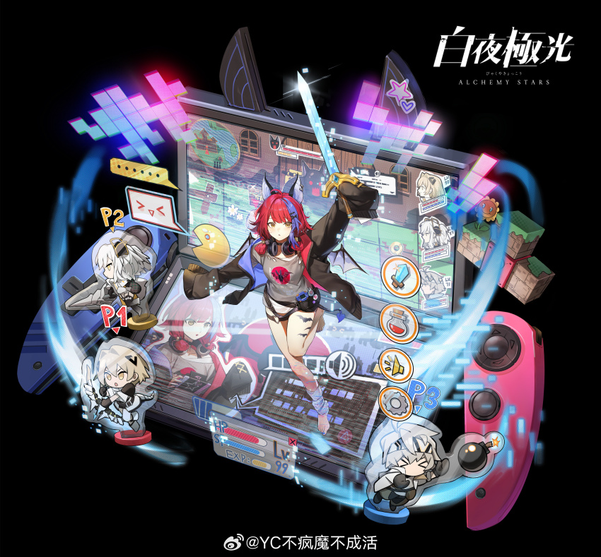 ... 1girl absurdres acrylic_stand_(object) alchemy_stars animal_ears batia_(alchemy_stars) black_background black_jacket black_sandals block_(minecraft) copyright_name faux_figurine full_body grey_shirt handheld_game_console headphones headphones_around_neck health_bar highres holding holding_sword holding_weapon jacket jumping lingxia logo minecraft multicolored_hair official_art pac-man pac-man_(game) pixels purple_hair red_hair sandals shirt socks solo speech_bubble spoken_ellipsis spoken_emoji streaked_hair sword watermark weapon weibo_username weibo_watermark white_socks yellow_eyes