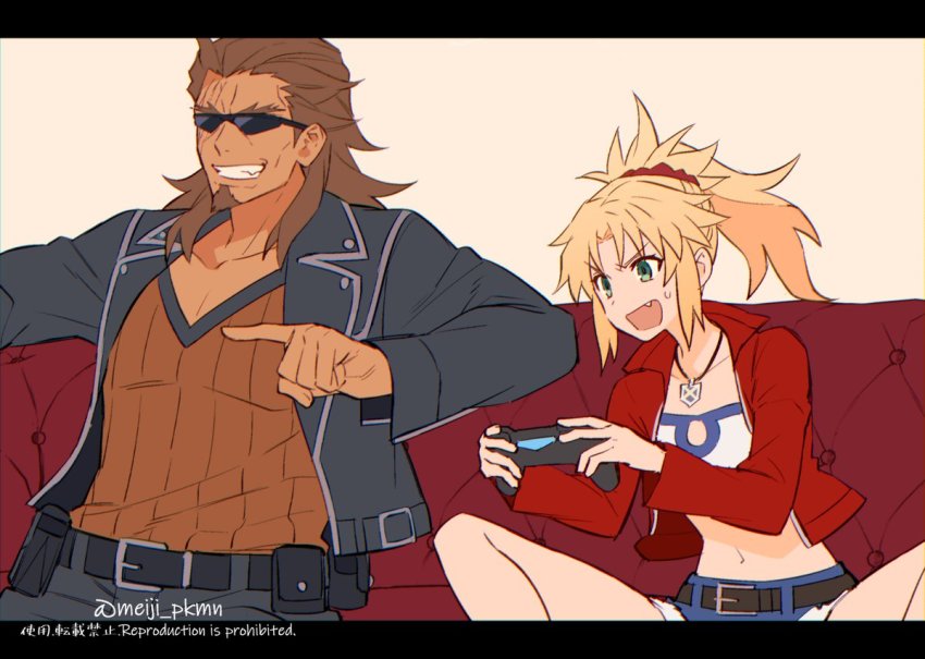 1boy 1girl bare_legs belt black_belt blonde_hair braid brown_belt brown_hair collarbone couch facial_hair fang fate/apocrypha fate_(series) goatee green_eyes high_ponytail jacket letterboxed long_hair long_sleeves meiji_ken mordred_(fate) mordred_(memories_at_trifas)_(fate) navel open_mouth parted_bangs pointing ponytail red_jacket red_scrunchie scrunchie shishigou_kairi shorts sitting smile sunglasses v-shaped_eyebrows