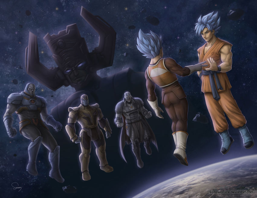 10s 6+boys anti-monitor armor avengers_(series) colored_skin crossover darkseid dc_comics dougi dragon_ball dragon_ball_super epic fantastic_four galactus giant gloves glowing glowing_eyes justice_league male_focus marvel multiple_boys multiple_crossover muscular planet purple_skin realistic red_eyes sam_delatore son_goku spiked_hair super_saiyan super_saiyan_blue thanos vegeta wristband