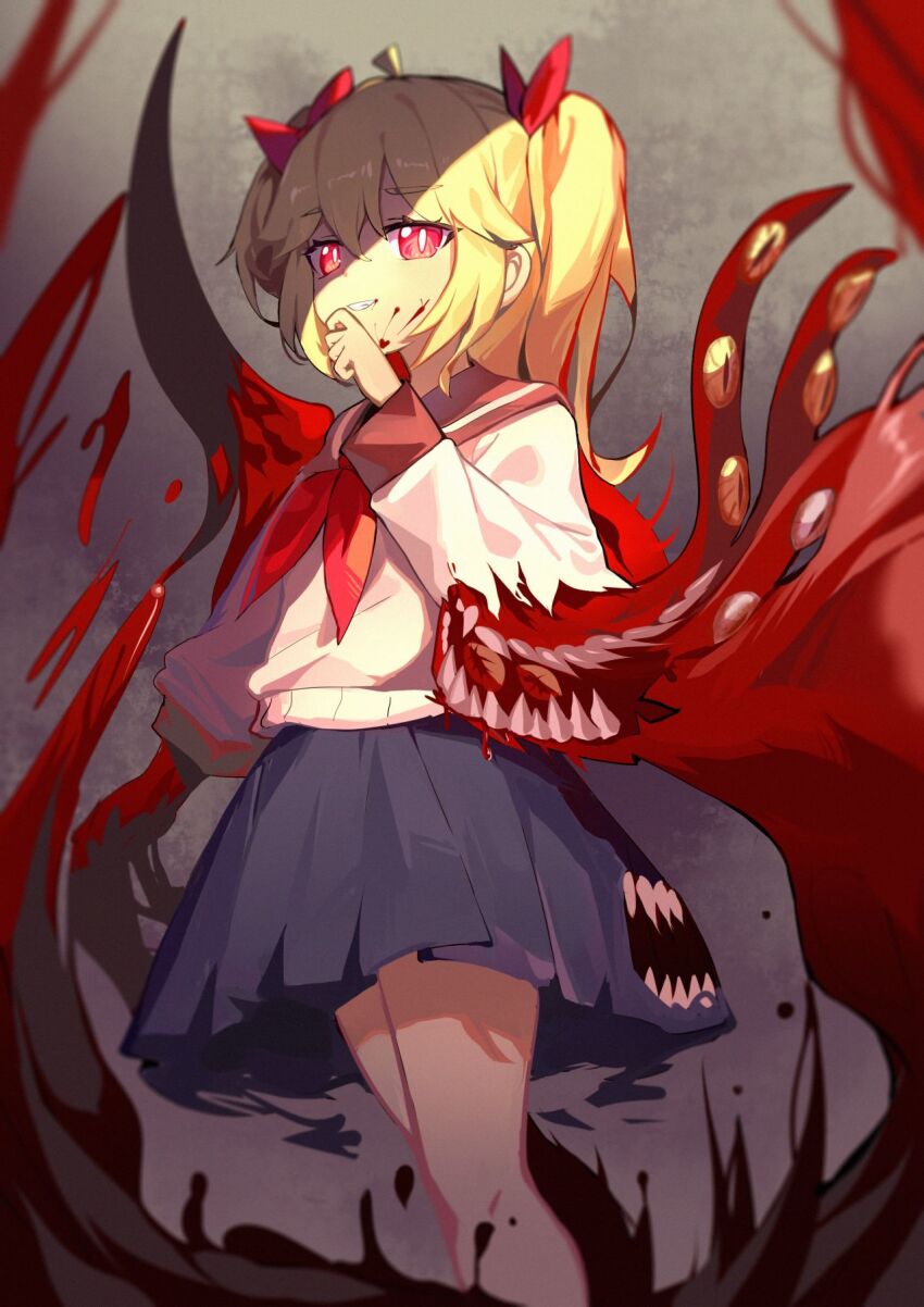 1girl black_skirt blonde_hair blood blood_on_face evil_grin evil_smile feet_out_of_frame grin hair_between_eyes highres hxj_(2324184595) long_hair long_sleeves neckerchief original pleated_skirt red_eyes red_neckerchief red_sailor_collar sailor_collar school_uniform serafuku skirt slit_pupils smile solo tentacles two_side_up