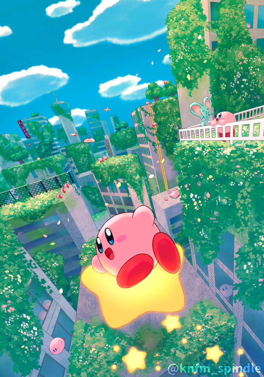 absurdres animal_ears arch_mouth blue_sky blush_stickers building car car_mouth climbing_ladder closed_eyes colored_skin copy_ability dragoon_(kirby) elfilin falling_petals hat highres holding holding_phone jet_kirby kanafumi_(spindle) kirby kirby_(series) kirby_and_the_forgotten_land ladder looking_at_viewer motor_vehicle mouse_ears mouthful_mode multiple_persona nightcap nintendo no_humans notched_ear outdoors petals phone pink_skin sky sleep_kirby smile solid_oval_eyes star_(symbol) tree ufo_kirby