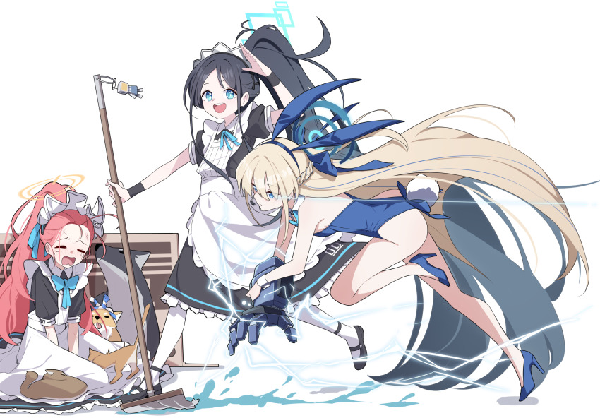 kei_(robot)_(blue_archive) 3girls absurdly_long_hair absurdres animal_ears apron aris_(blue_archive) aris_(maid)_(blue_archive) ass black_dress black_footwear black_hair blonde_hair blue_archive blue_bow blue_bowtie blue_eyes blue_footwear blue_hair blue_halo blue_leotard blush bow bowtie detached_collar dress fake_animal_ears fake_tail frilled_apron frilled_dress frills full_body hair_between_eyes halo high_heels highres holding holding_mop leotard long_hair maid maid_apron maid_headdress mmhomm mop multicolored_hair multiple_girls official_alternate_costume open_mouth pantyhose playboy_bunny rabbit_ears rabbit_tail round_teeth shoes short_sleeves simple_background smile strapless strapless_leotard streaked_hair tail teeth toki_(blue_archive) toki_(bunny)_(blue_archive) upper_teeth_only very_long_hair white_apron white_background white_pantyhose yuzu_(blue_archive) yuzu_(maid)_(blue_archive)