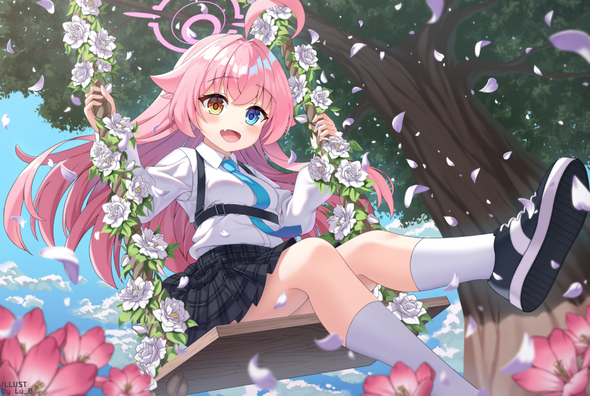 1girl :d absurdres ahoge black_skirt blue_archive blue_eyes blue_necktie blush breasts chest_harness collared_shirt commentary dress_shirt english_commentary falling_petals fang flower halo harness heterochromia highres hoshino_(blue_archive) long_hair long_sleeves lu_b miniskirt necktie on_swing open_mouth orange_eyes outdoors petals pink_flower pink_hair pink_halo plaid_clothes plaid_skirt pleated_skirt puffy_long_sleeves puffy_sleeves shirt shoe_soles shoes skin_fang skirt small_breasts smile sneakers socks solo swing swinging_on_swing tree white_flower white_shirt white_socks