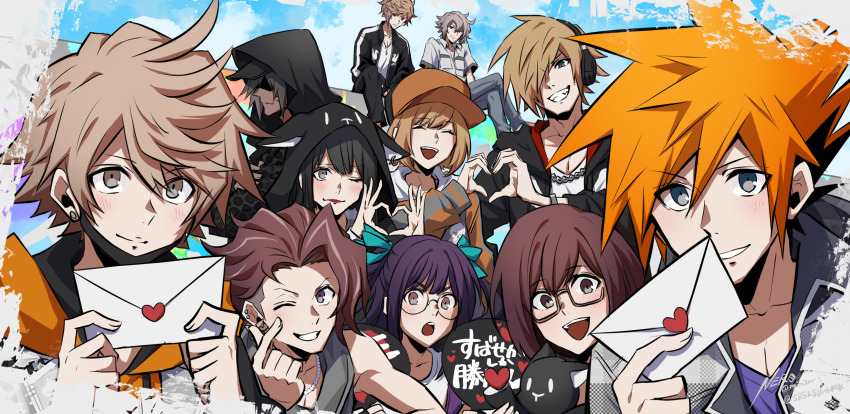 4girls 6+boys animal_hood baseball_cap bito_daisukenojo bito_raimu black_cloak black_hair black_mask blonde_hair blush brown_eyes brown_hair cloak closed_eyes closed_mouth collared_shirt commentary_request dark-skinned_male dark_skin denim eme_(204) finger_heart furesawa_tousai glasses grey_eyes grin hair_over_one_eye hat headphones heart heart_hands heart_hands_duo highres holding holding_letter hood hood_up hooded_cloak jacket jeans kanade_rindou kiryu_yoshiya letter lips lipstick long_hair looking_at_viewer love_letter makeup mask mikagi_hazuki minamimoto_sho misaki_shiki mouth_mask multiple_boys multiple_girls nyantan one_eye_closed one_eye_covered open_clothes open_jacket orange_hair orange_hat pants purple_hair red_lips round_eyewear sakuraba_neku sakurane_shouka shin_subarashiki_kono_sekai shirt signature sitting smile spiked_hair stuffed_animal stuffed_cat stuffed_toy subarashiki_kono_sekai twitter_username unworn_mask usui_nagi valentine white_shirt