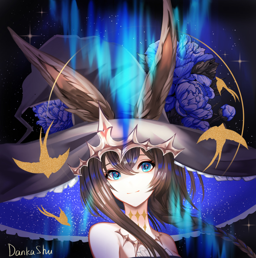 1girl absurdres ambience_synesthesia amiya_(arknights) amiya_(medic)_(arknights) amiya_(medic)_(solo_around_the_world)_(arknights) animal_ears arknights artist_name aurora bare_shoulders black_hat blue_hat braid brown_hair closed_mouth dankashu ears_through_headwear flower frilled_hat frills hair_between_eyes hat highres long_hair looking_at_viewer no_nose official_alternate_costume portrait purple_flower smile solo sparkle split_mouth star_(sky) two-sided_fabric two-sided_headwear witch_hat