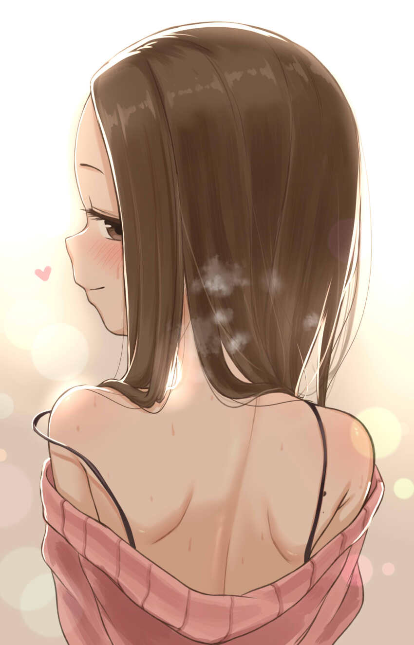 1girl bare_shoulders blush brown_eyes brown_hair closed_mouth from_behind highres karakai_jouzu_no_takagi-san long_hair looking_at_viewer looking_back note2000 off-shoulder_sweater off_shoulder pink_sweater shoulder_blades smile solo steam strap_slip sweater takagi-san white_background