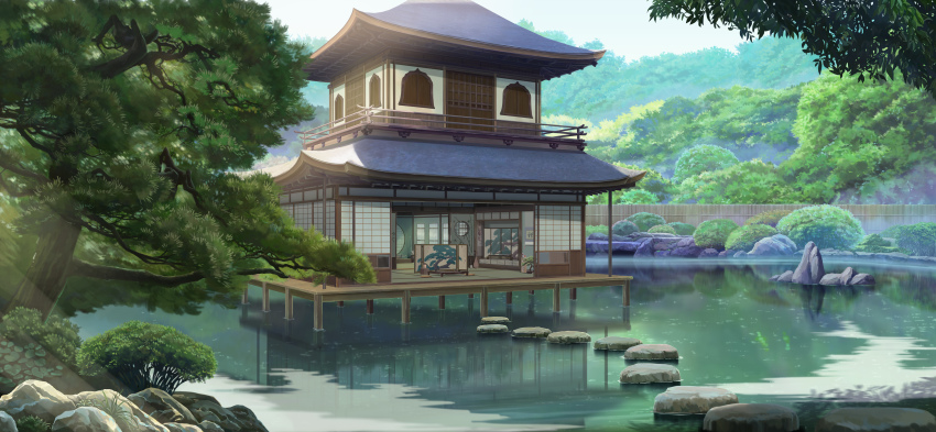 absurdres architecture bonsai building bush commentary_request cushion day east_asian_architecture fence folding_screen grass guzheng highres inkwell instrument instrument_request katana lantern lute_(instrument) mask no_humans onsen original outdoors plant potted_plant reflection reflective_water rock round_window scenery shouji sliding_doors stepping_stones sword tatami tree water weapon window xi_chen_chen zabuton
