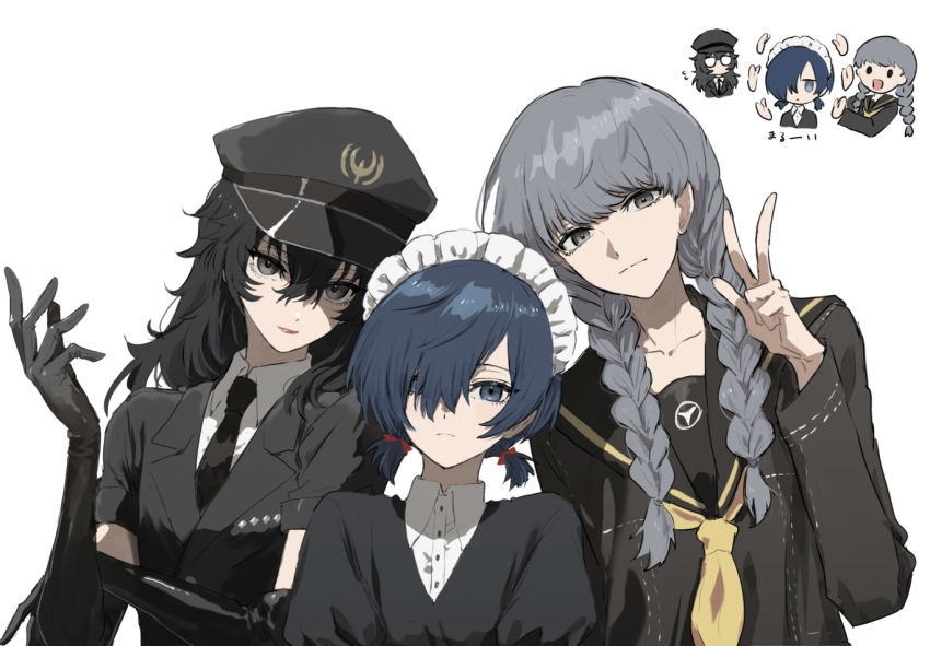3boys alternate_costume amamiya_ren black_gloves black_hair black_necktie black_sailor_collar blue_eyes blue_hair braid closed_mouth collared_shirt crossdressing elbow_gloves enmaided glasses gloves grey_hair hair_between_eyes hair_over_one_eye lipstick long_hair long_sleeves looking_at_viewer low_twintails maid maid_headdress makeup male_focus multiple_boys narukami_yu necktie opaque_glasses open_mouth persona persona_3 persona_4 persona_5 persona_5:_dancing_star_night persona_dancing police police_uniform sailor_collar school_uniform serafuku shirt short_sleeves short_twintails simple_background tamaon_2525 trap twin_braids twintails upper_body white_background white_shirt yasogami_school_uniform yuuki_makoto_(persona_3)