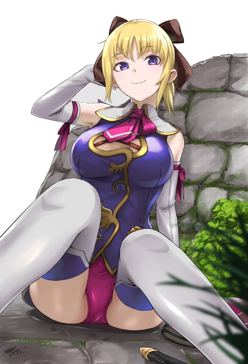 1girl absurdres arm_behind_head arm_ribbon black_ribbon blonde_hair breasts brick_wall bush cassandra_alexandra closed_mouth elbow_gloves gloves green_eyes hair_ribbon highres large_breasts necktie panties pink_necktie purple_panties purple_ribbon ribbon short_hair sitting smile solo soul_calibur soulcalibur soulcalibur_iv tea_(nakenashi) thighhighs underwear white_gloves white_thighhighs
