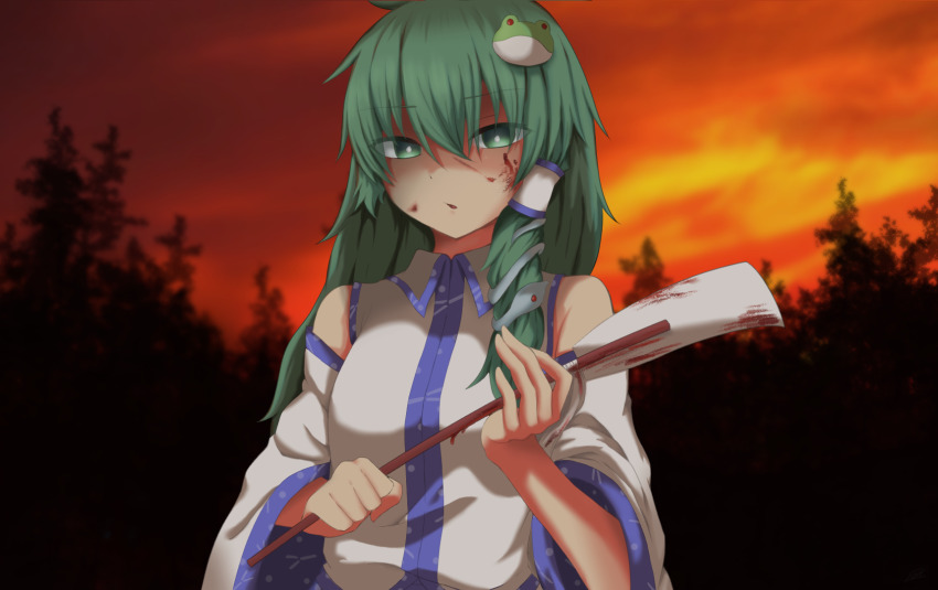 1girl :o bare_shoulders blood blood_on_face bloody_weapon breasts collared_shirt detached_sleeves dot_nose dusk facing_viewer forest frog_hair_ornament gohei green_eyes green_hair hair_ornament hair_tubes highres holding holding_gohei holding_weapon kochiya_sanae long_hair long_sleeves looking_at_viewer mashiba_lei medium_breasts nature patterned_clothing shaded_face shirt single_hair_tube single_sidelock sleeveless sleeveless_shirt snake_hair_ornament solo touhou upper_body weapon wide_sleeves wing_collar