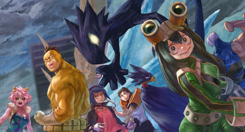 3girls 4boys absurdres angry armor ashido_mina asui_tsuyu beak black_cloak black_feathers black_hair black_jacket blue_hair blue_shirt bodysuit boku_no_hero_academia brown_hair cloak colored_skin commentary_request dark_shadow feathers gloves goggles goggles_on_head green_bodysuit green_hair hairband highres horns ice jacket jiro_kyoka looking_at_viewer mask multicolored_shirt multiple_boys multiple_girls pink_hair pink_shirt pink_skin rain sato_rikido sero_hanta shirt shoji_mezo shoulder_armor spiked_hair superhero_costume thick_lips tokoyami_fumikage white_hair white_shirt yellow_bodysuit yomoyama_yotabanashi