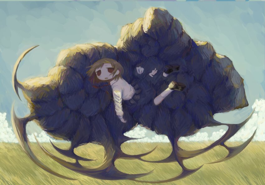 1girl absurdres black_shoes blue_skirt brown_hair cloud day grass highres long_sleeves meadow necktie no_nose open_mouth original outdoors pleated_skirt red_eyes red_necktie shirt shoes skirt socks solo stuck surreal through_wall white_shirt white_socks xuwq1h