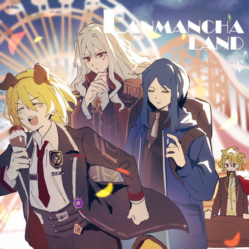 1boy 3girls :d ^_^ bari_(project_moon) black_jacket blonde_hair blue_hair closed_eyes collared_shirt cowboy_shot don_quixote_(project_moon) dual_persona ferris_wheel food frown hair_between_eyes hand_on_own_chin highres holding holding_food holding_ice_cream ice_cream jacket la_manchaland&#039;s_don_quixote_(project_moon) limbus_company long_hair multiple_girls necktie open_mouth project_moon red_eyes red_necktie running sancho_(project_moon) shirt short_hair sidelocks sixgod smile white_hair white_shirt