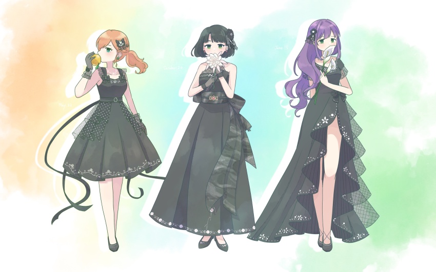 3girls absurdres bare_legs bare_shoulders black_bow black_dress black_flower black_footwear black_gloves black_hair blue_background blunt_bangs blunt_ends bow breasts calla_lily cerise_bouquet character_age collarbone commentary_request covered_mouth covering_own_mouth crossed_bangs crossed_legs dress dress_bow evening_gown flats floral_print flower flower_over_mouth food frilled_gloves frills fruit full_body gloves green_background green_eyes grid_background hair_bow hair_flower hair_ornament hair_over_shoulder happy_birthday high-low_dress high-low_skirt high_heels highres hinoshita_kaho hinoshita_kaho_(17th_birthday) holding holding_flower holding_food holding_fruit lemon link!_like!_love_live! long_dress long_hair long_legs looking_at_viewer looking_to_the_side love_live! low_ponytail medium_breasts medium_dress miyaco_(shirataki_168) momose_ginko momose_ginko_(16th_birthday) multiple_girls official_alternate_costume orange_hair otomune_kozue otomune_kozue_(18th_birthday) ponytail purple_hair rabbit_hair_ornament shoes short_hair short_sleeves sidelocks sleeveless sleeveless_dress standing virtual_youtuber watson_cross white_background white_flower