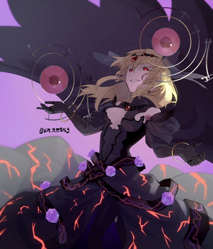 1girl absurdres ahoge black_gloves black_legwear blonde_hair bracelet breasts cape circlet cleavage colored_eyelashes commentary_request cowlick dress flower gem gloves grin highres isabeau_de_baviere_(madoka_magica) jewelry long_dress long_hair magia_record:_mahou_shoujo_madoka_magica_gaiden mahou_shoujo_madoka_magica mahou_shoujo_tart_magica medium_breasts messy_hair necklace purple_flower purple_rose queen red_eyes ring rose smile solo strapless strapless_dress tall_female un_nm5sy wavy_hair