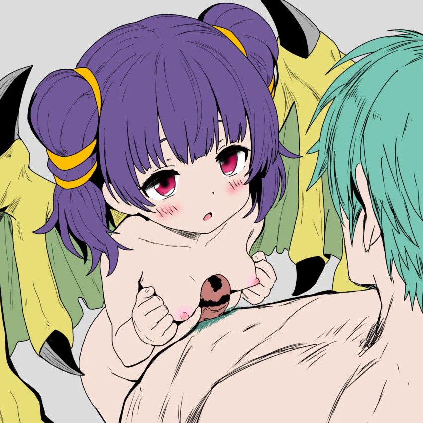 1boy 1girl blush breasts censored dragon_girl dragon_wings ephraim_(fire_emblem) fire_emblem fire_emblem:_the_sacred_stones green_hair loli looking_at_another myrrh_(fire_emblem) naizuri nemonemonerune nintendo nipples nude paizuri penis purple_hair red_eyes simple_background small_breasts twintails wings