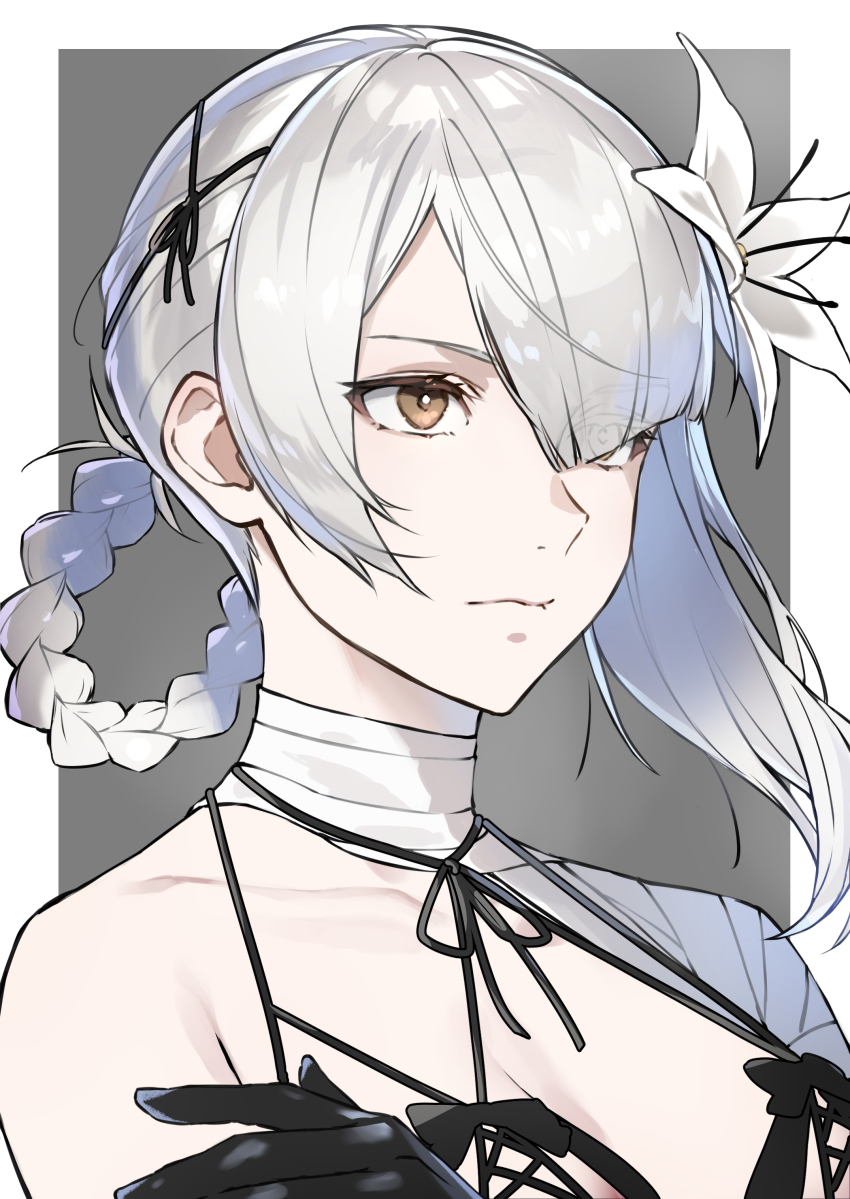 1girl absurdres asymmetrical_bangs bandaged_arm bandaged_neck bandages black_gloves border braid braided_hair_rings breasts bright_pupils closed_mouth diagonal_bangs flower gloves grey_background grey_hair hair_flower hair_ornament hair_rings highres kaine_(nier) looking_ahead loose_hair_strand millimetre_0 nier nier_(series) outside_border parted_bangs simple_background solo upper_body white_border white_flower white_pupils yellow_eyes