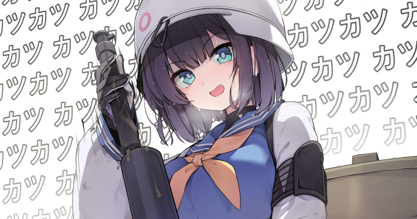 1girl :d black_gloves black_hair blue_archive blue_eyes blue_sailor_collar blue_shirt blunt_bangs bright_pupils bucket_hat commentary ddangbi gloves gun hat highres holding holding_gun holding_weapon long_sleeves looking_at_object motion_lines neckerchief oiled open_mouth paid_reward_available sailor_collar saki_(blue_archive) school_uniform serafuku sexually_suggestive shirt short_hair simple_background smile solo sound_effects straight_hair sweat upper_body v-shaped_eyebrows weapon white_background white_hat white_pupils white_sleeves yellow_neckerchief