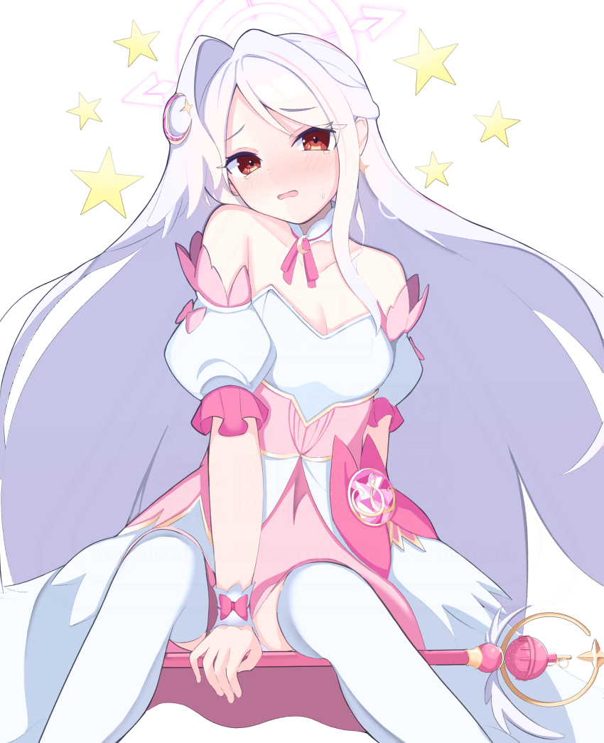 1girl absurdres arm_between_legs blue_archive blush crescent crescent_hair_ornament detached_sleeves grey_wings hair_ornament halo head_wings highres long_hair magical_girl noby official_alternate_costume puffy_detached_sleeves puffy_sleeves purple_halo red_eyes single_head_wing single_wing sitting solo star_(symbol) star_halo suzumi_(blue_archive) suzumi_(magical)_(blue_archive) wand white_background white_hair wing_ornament wings
