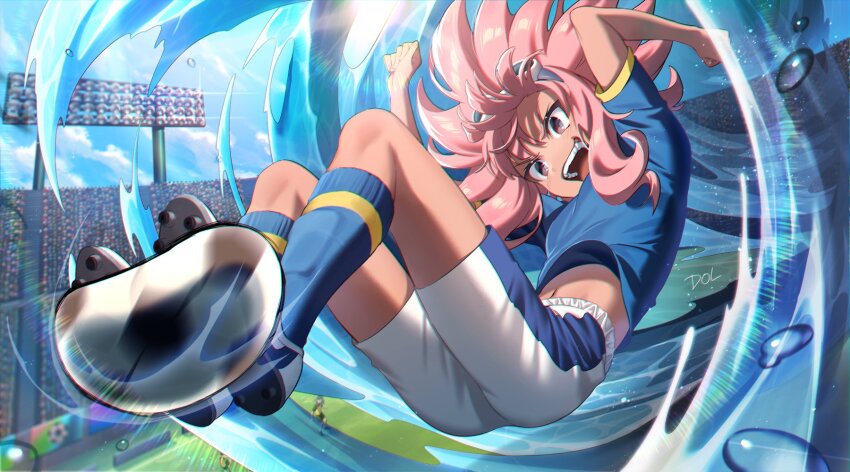 1boy ball blue_shirt blue_socks dolustoy full_body goggles goggles_on_head highres inazuma_eleven_(series) inazuma_japan jersey kneehighs long_hair male_focus midriff_peek open_mouth pink_hair playing_sports shirt shorts soccer soccer_ball soccer_field soccer_uniform socks solo sportswear stadium stadium_lights tsunami_jousuke water white_shorts