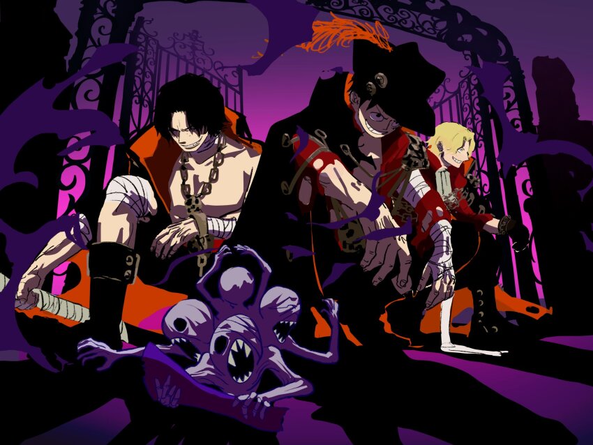 3boys bandaged_knees black_hair black_hat blonde_hair boots brothers commentary doorway english_commentary fengcheche full_body hat highres jewelry male_focus monkey_d._luffy multiple_boys necklace one_piece pearl_necklace portgas_d._ace purple_sky sabo_(one_piece) siblings sky smile squatting zombie