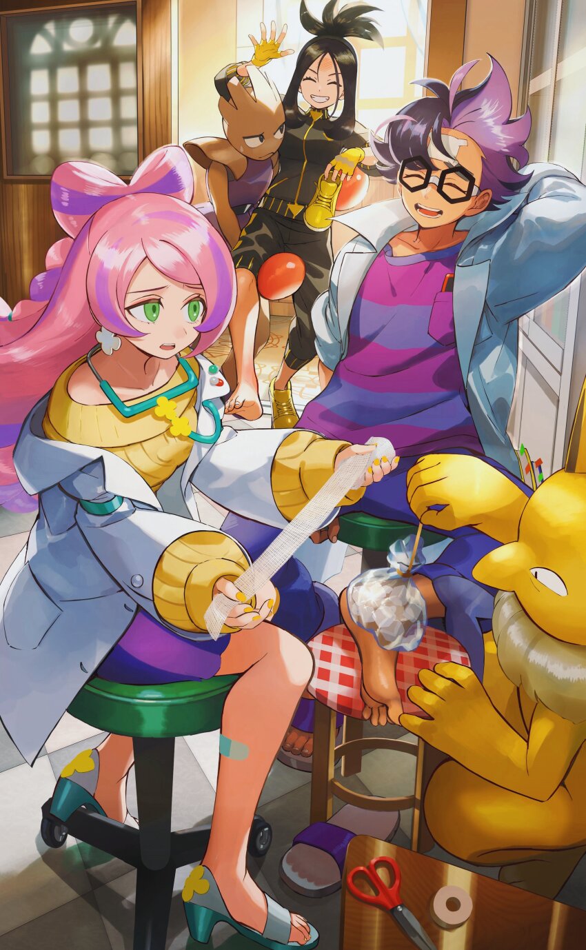 1boy 2girls absurdres bandaid bandaid_on_leg black-framed_eyewear coat commentary_request dendra_(pokemon) gen_1_pokemon glasses green_eyes high_heels highres hitmonchan holding holding_footwear holding_shoes holding_unworn_clothes hypno indoors jacket jacq_(pokemon) long_hair long_sleeves miriam_(pokemon) multiple_girls nail_polish nintendo open_clothes open_coat orange_mikan pants pink_hair pokemon pokemon_(creature) pokemon_sv purple_skirt sandals scissors shirt shoes sitting skirt stool striped_clothes striped_shirt sweater toes unworn_shoes yellow_nails yellow_shoes yellow_sweater