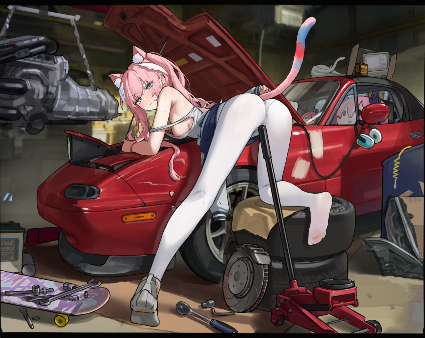 1girl allen_wrench animal animal_ear_fluff animal_ears ass battery bent_over blue_eyes blue_jacket blurry blurry_background blush breasts car car_jack car_part cat cat_ears cat_girl cat_tail character_doll closed_mouth commentary convertible ear_protection earclip engine eunos_roadster extra_ears feet garage grey_shoes hair_between_eyes hair_ornament heel_up highres indie_virtual_youtuber indoors jacket jacket_partially_removed long_hair looking_at_viewer looking_back maintenance mazda mazda_mx-5 mazda_mx-5_na medium_breasts motor_vehicle no_shoes open_car_hood pantyhose pink_hair pop-up_headlights red_car right_shoe_removed sakurada_hane sawkm second-party_source shoes side-view_mirror single_pop-up_headlight single_shoe skateboard sleeves_past_wrists sneakers socket_(tool) socket_wrench soles solo strap_slip tail tank_top toes twintails unused_tire v-shaped_eyebrows very_long_hair virtual_youtuber white_cat white_pantyhose white_tank_top wrench